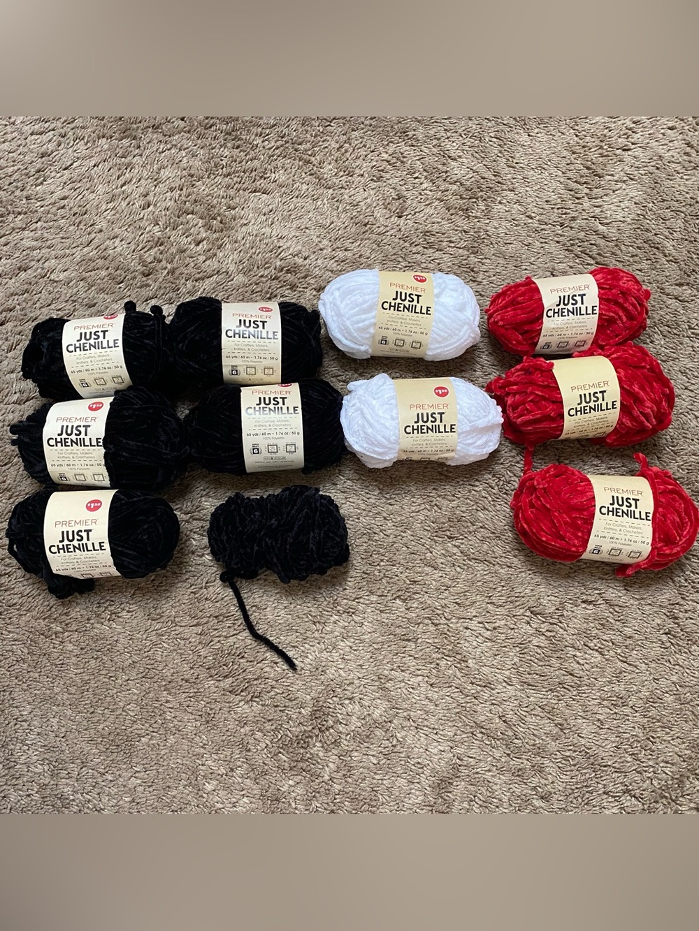 10 1/2 Skeins of Premier Just Chenille Yarn Black White Red 65 Yards 50g